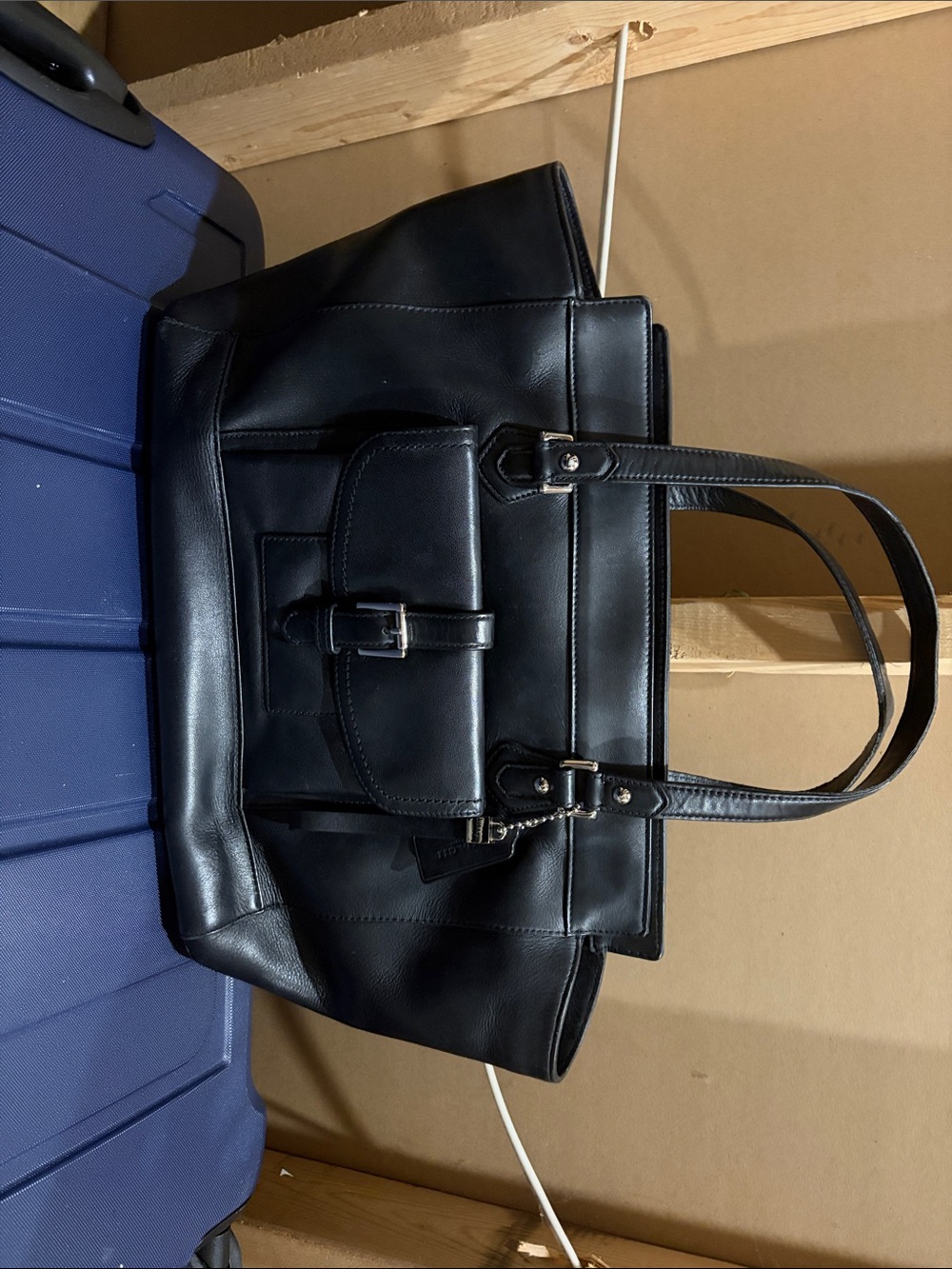 Women's Black Leather Tote with Front Buckle Pocket